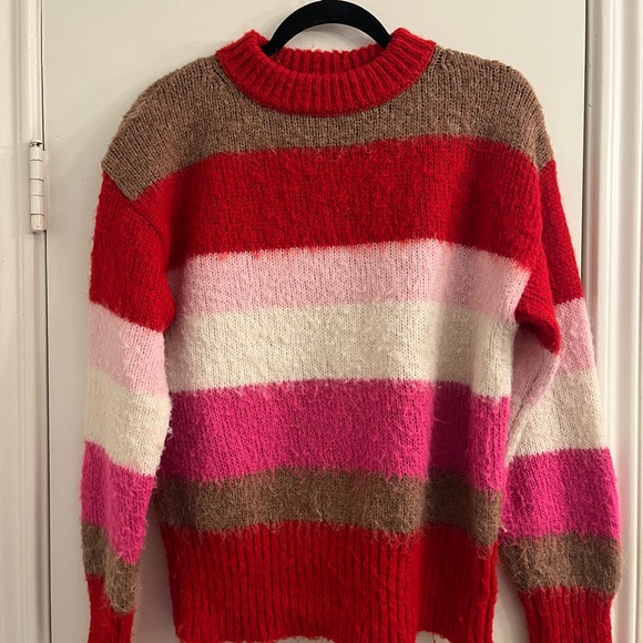 a new day Sweaters - a new day Women's Colorful Striped Sweater - Red, Pink, Brown, White